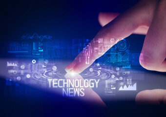 Finger touching tablet with web technology icons and TECHNOLOGY